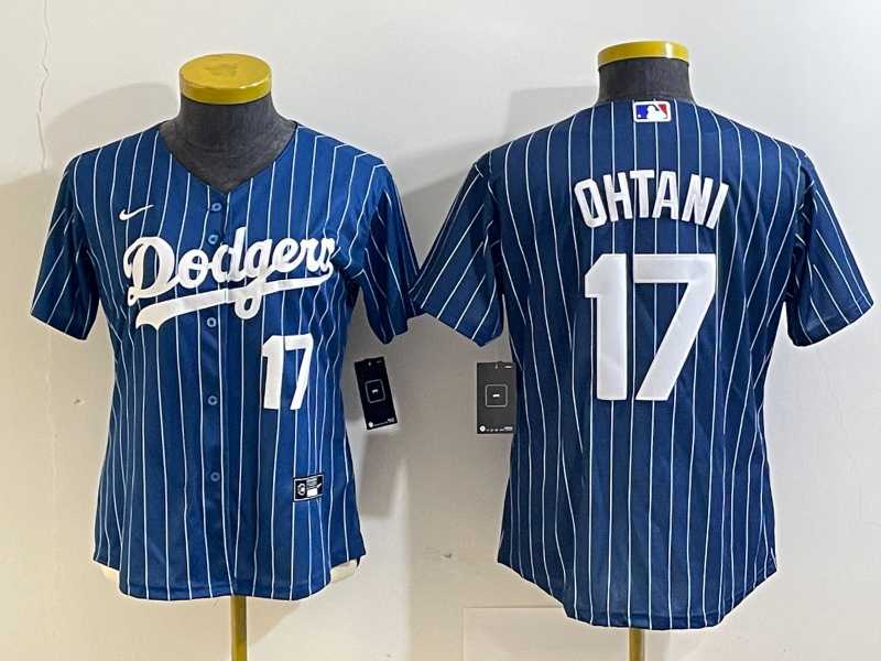 Women%27s Los Angeles Dodgers #17 Shohei Ohtani Number Red Navy Blue Pinstripe Stitched Cool Base Nike Jersey->toronto blue jays->MLB Jersey